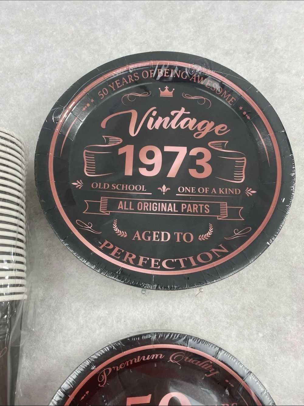 Vintage 1973 Party Set - Black & Rose Gold 50 years party supplies plates cups